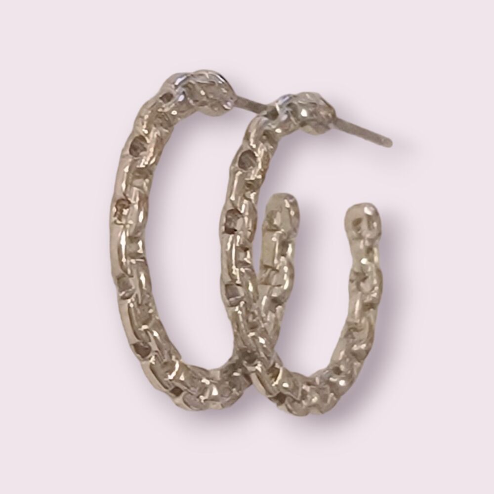 Silver Tone Chain Weave Classic Simple Chic Minimalist Hoop Stud Earrings